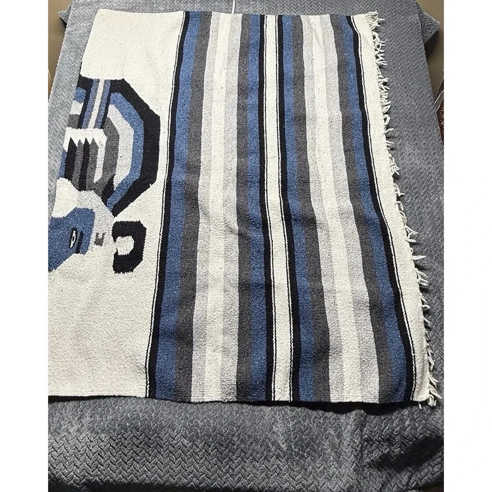 Vintage Mexican Serape Blanket Blue Gray Aztec Chief Pattern‎ 44x70 Handwoven